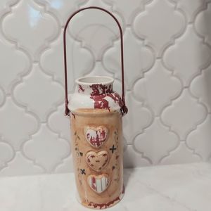 Russ Berrie and Co. Ceramic Jar/Vase with Handle 3 Hearts Splattered Paint 8.5"